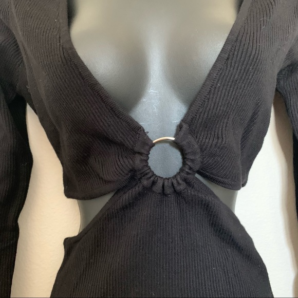 Princess Polly Lucia Black Ribbed Long Sleeve V Neck O Ring Cutout Mini Dress - Picture 7 of 12